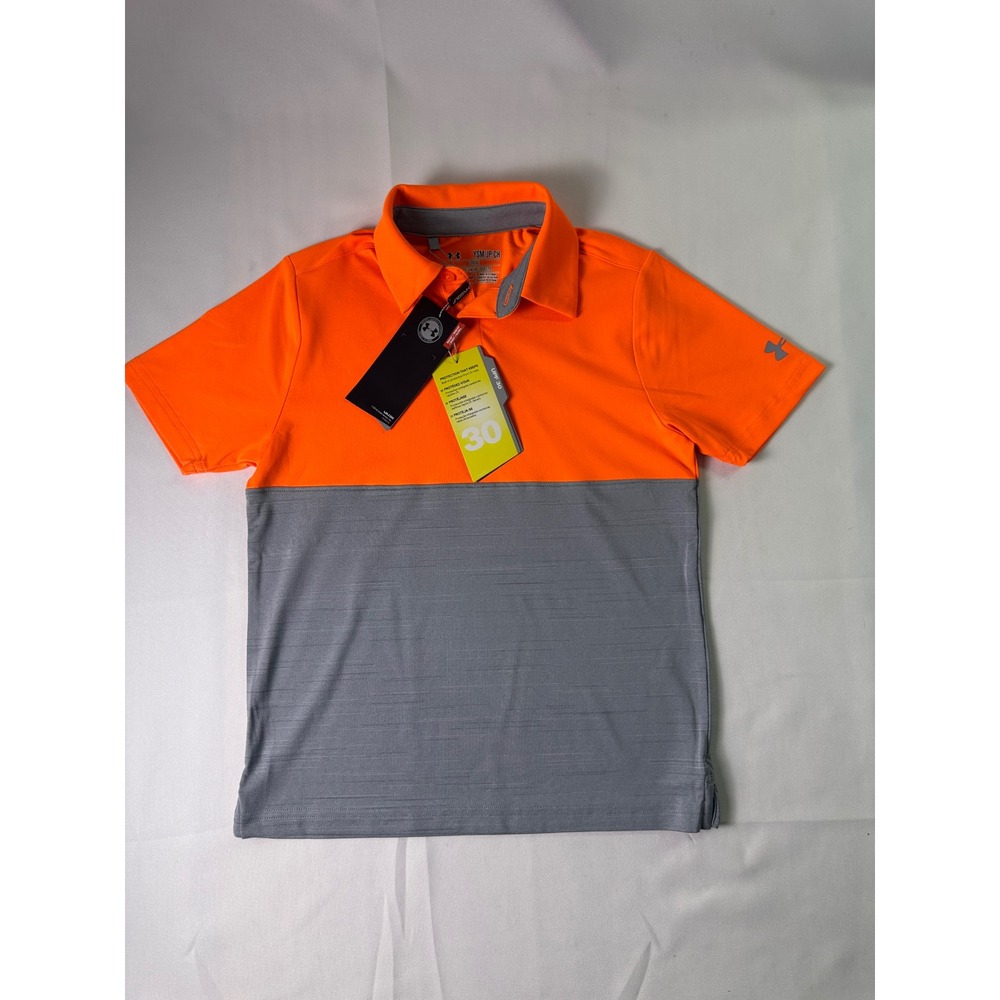 Under Armour Youth‎ Boys (7-8) Small Golf Polo Shirt Orange Gray UPF 30 HeatGear